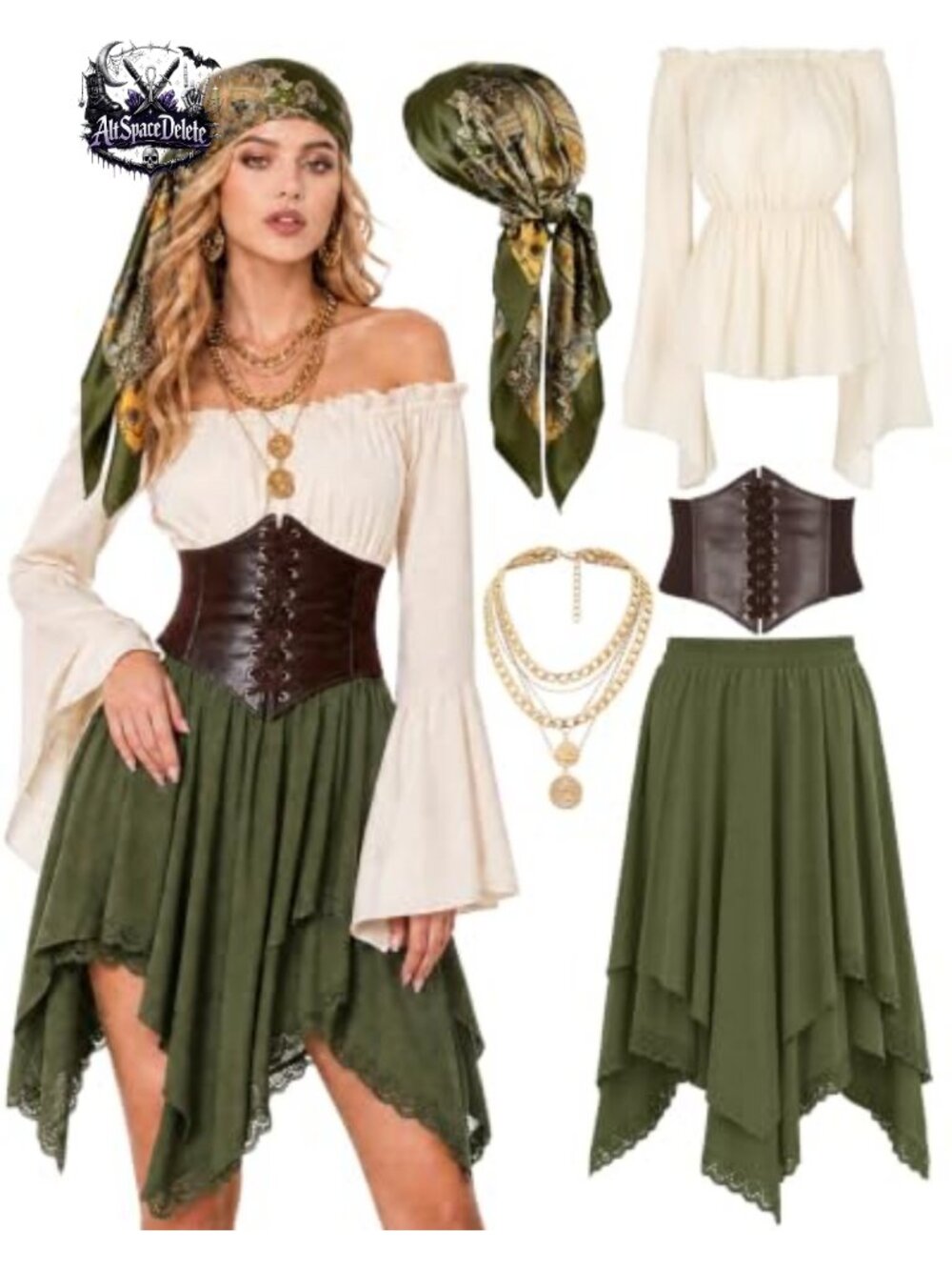 5-Piece Renaissance Pirate Costume Set Faux Leather Corset Lace Skirt